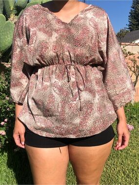 Leopard Jun & Min Blouse V-Neck Peasant Tunic Pink Taupe Paisley Print